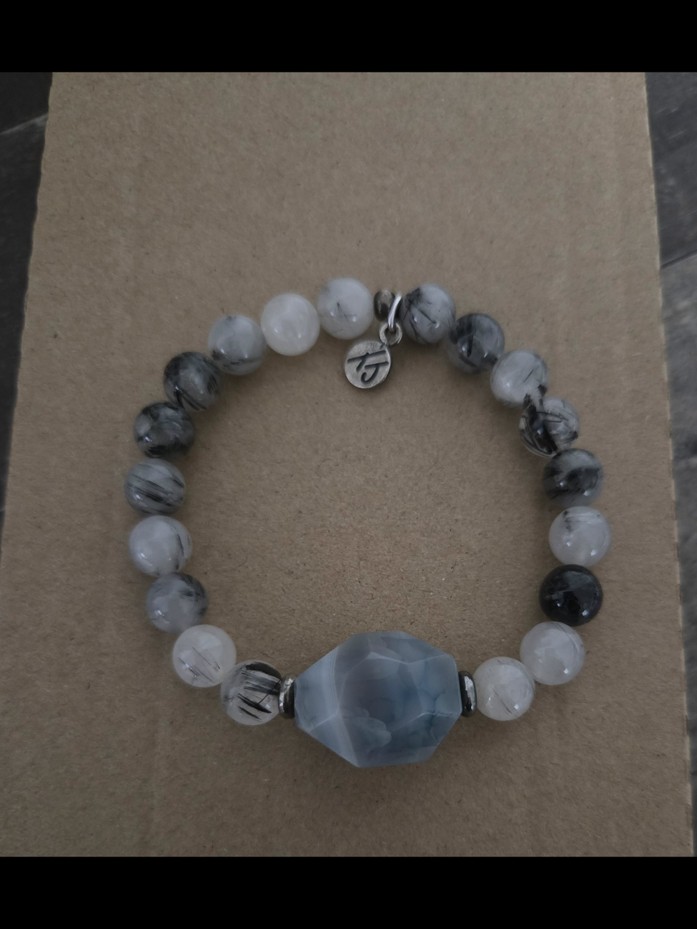 Tiffany Jazelle Beaded Gray Agate Stretch Bracelet with Silver Charm